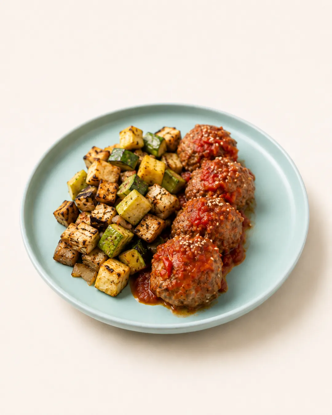 Albondigas con salsa fileto con vegetales grillados — vianda saludable congelada de Hakora Cocina