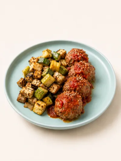 Albondigas con salsa fileto con vegetales grillados — vianda saludable congelada de Hakora Cocina