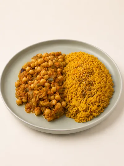 Curry de garbanzos con arroz especiado — vianda saludable congelada de Hakora Cocina