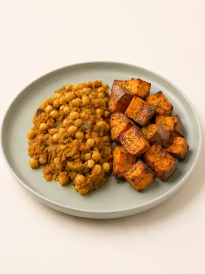 Curry de garbanzos con batatas asadas — vianda saludable congelada de Hakora Cocina