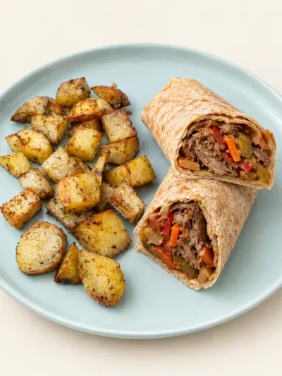 Wrap de bondiola braseada con papas asadas