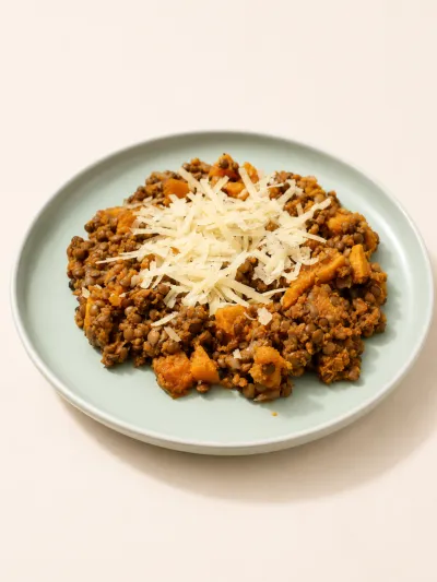 Lentejas con calabaza caramelizada y queso reggianito — vianda saludable congelada de Hakora Cocina