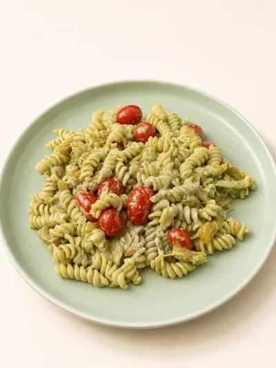Pasta integral al pesto, tomate cherry, cebolla caramelizada y mozzarella — vianda saludable congelada de Hakora Cocina