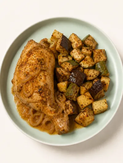 Pata muslo con vegetales grill — vianda saludable congelada de Hakora Cocina