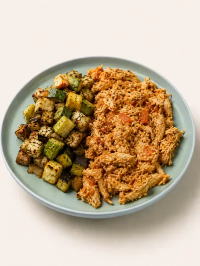 Pollo desmechado con vegetales grillados — vianda saludable congelada de Hakora Cocina