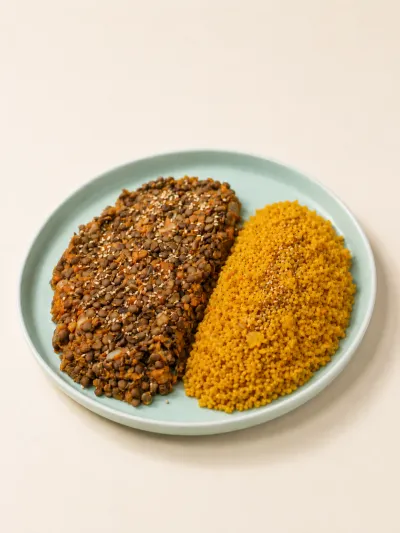 Salteado de lentejas con arroz especiado — vianda saludable congelada de Hakora Cocina