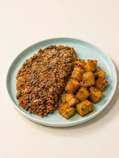 Salteado de lentejas con batatas asadas — vianda saludable congelada de Hakora Cocina