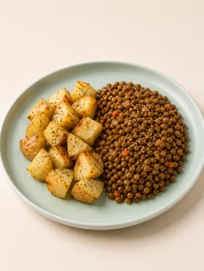 Salteado de lentejas con papas asadas — vianda saludable congelada de Hakora Cocina