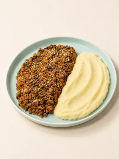 Salteado de lentejas con puré de papa — vianda saludable congelada de Hakora Cocina