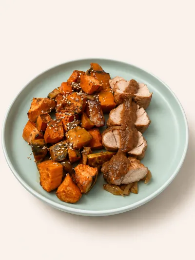 Solomillo agridulce con batatas asadas — vianda saludable congelada de Hakora Cocina
