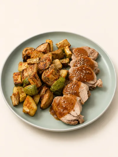 Solomillo agridulce con vegetales grillados — vianda saludable congelada de Hakora Cocina