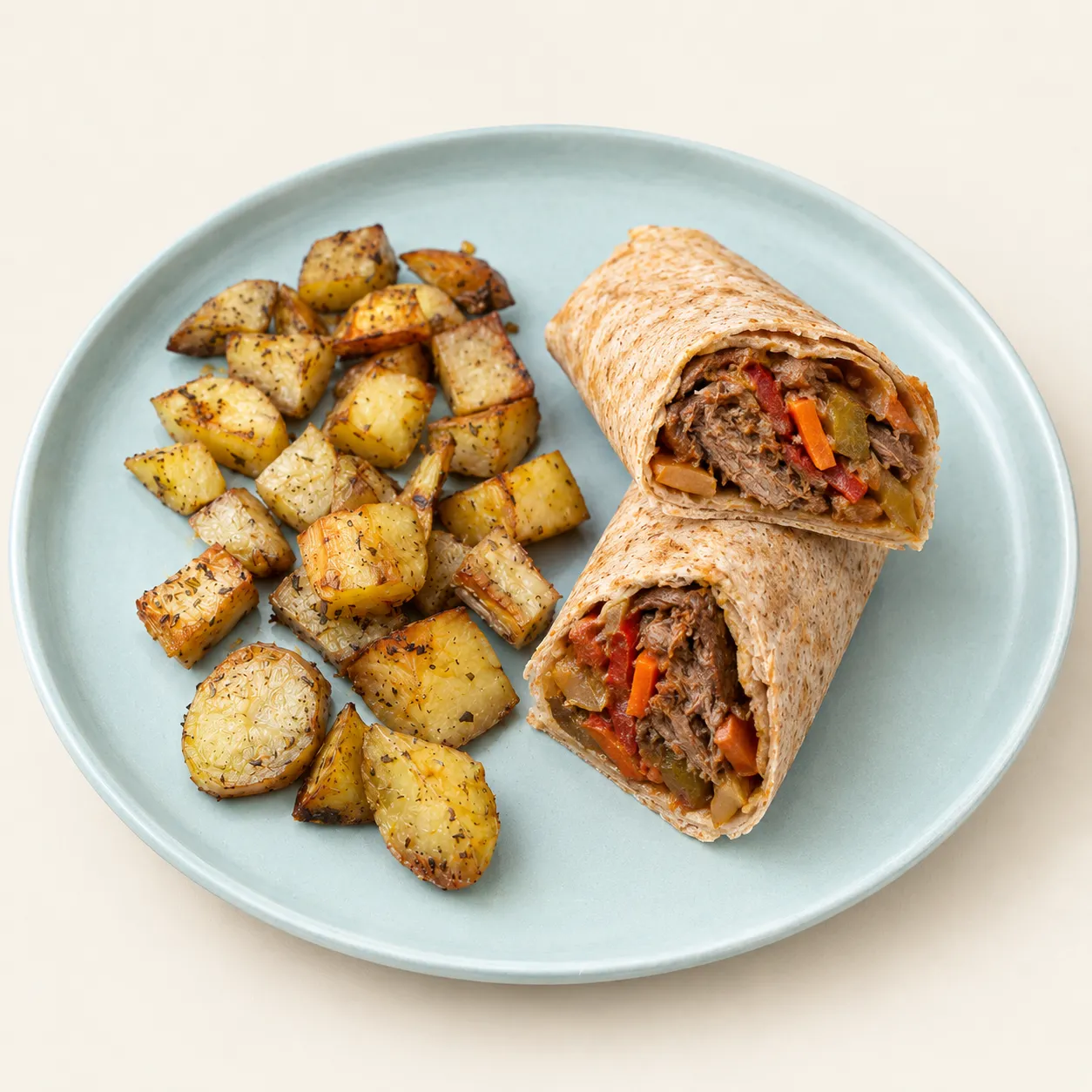 Wrap de bondiola braseada con papas asadas