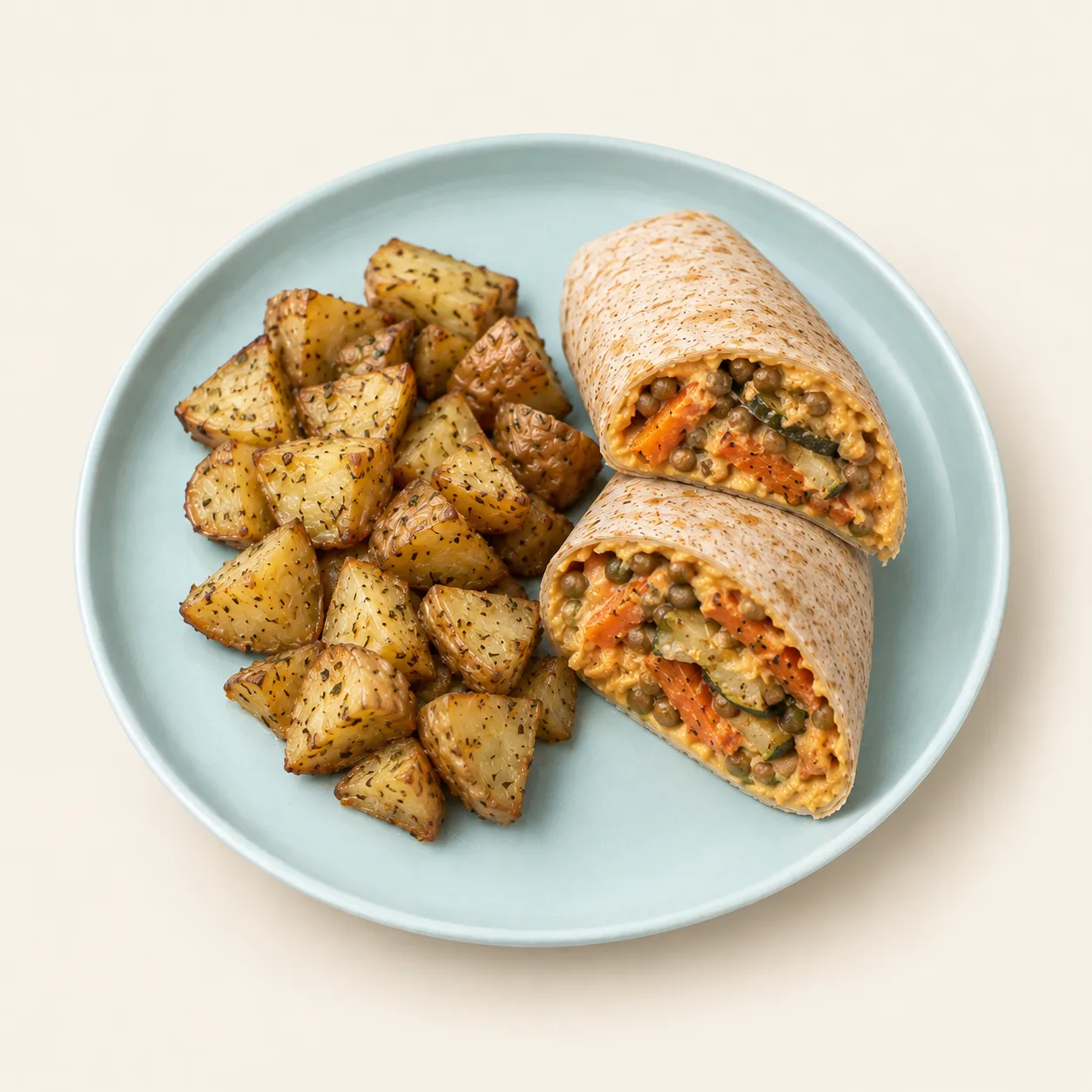 Wrap de vegetales con hummus y papas asadas