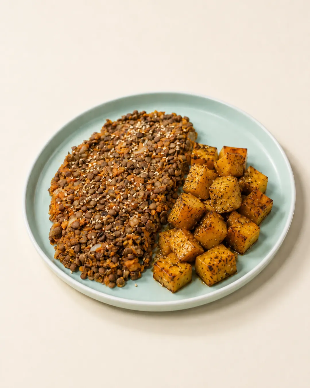 Salteado de lentejas con batatas asadas — vianda saludable congelada de Hakora Cocina